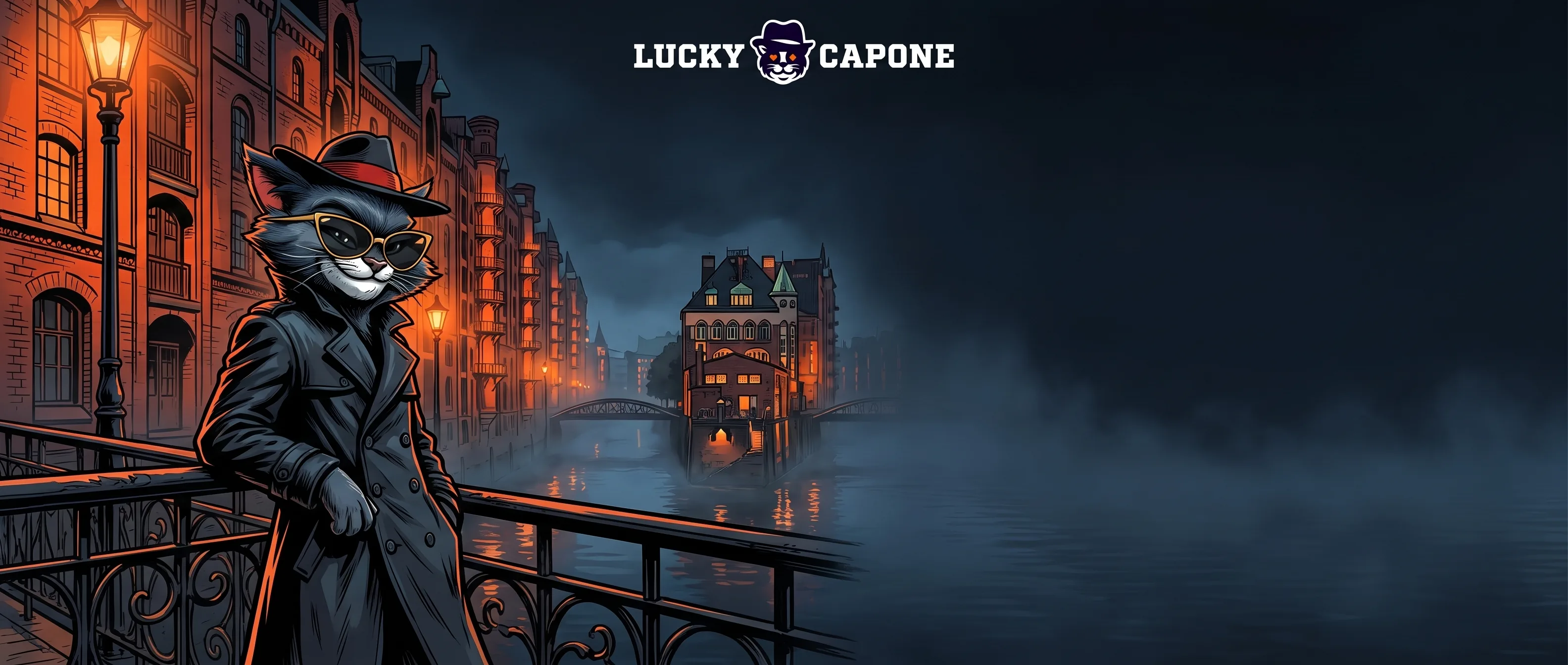 Lucky Capone vor den beleuchteten Speicherhäusern am Hamburger Hafen